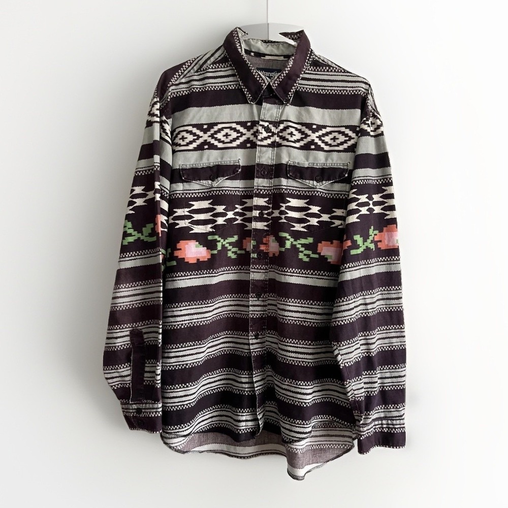 Vintage Wrangler Shirt Mens XL Multicolor Aztec Western Button Up Cowboy Floral